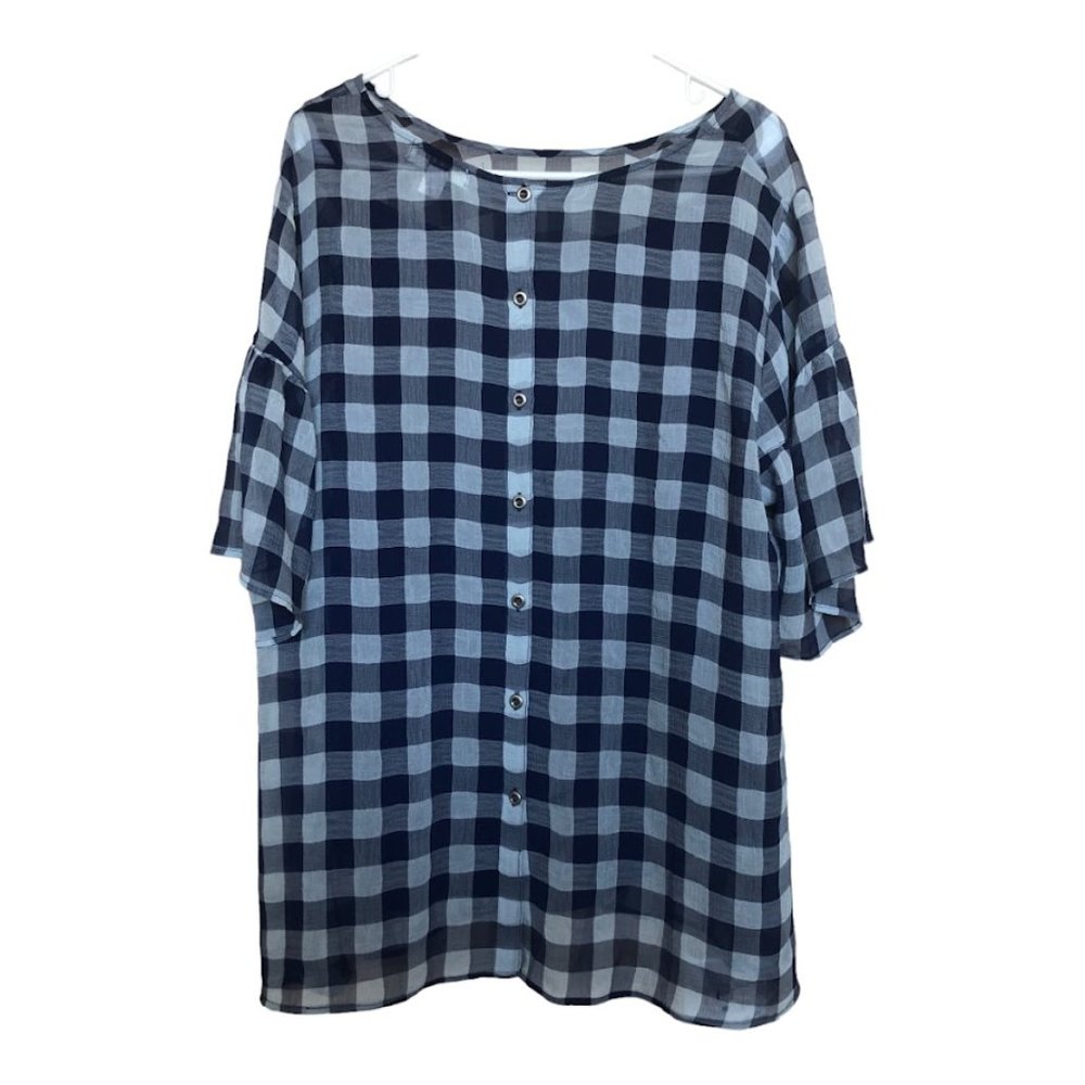 John Paul Richard Woman Floated Blue Check Tunic Top With Attached Navy Vest 2X
